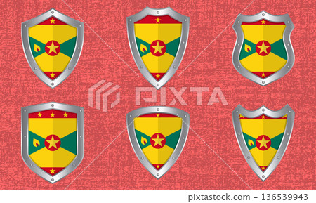 Set of metal shields with the Grenada flag Set of metal shields with the Grenada flag 136539943