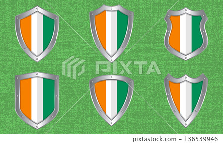Set of metal shields with the Ivory Coast flag Set of metal shields with the Ivory Coast flag 136539946
