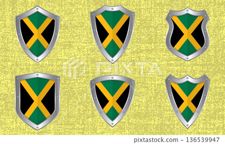 Set of metal shields with the Jamaican flag Set of metal shields with the Jamaican flag 136539947
