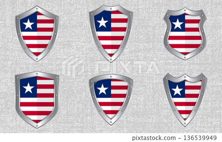 Set of metal shields with the Liberian flag Set of metal shields with the Liberian flag 136539949