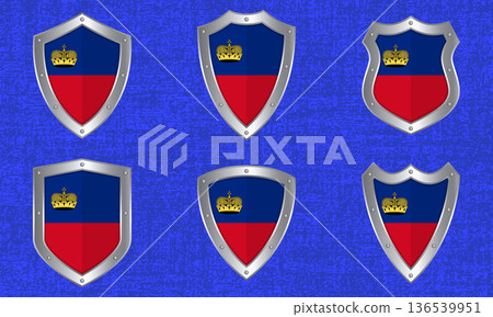 Set of metal shields with the Liechtenstein flag Set of metal shields with the Liechtenstein flag 136539951