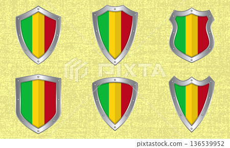 Set of metal shields with the Mali flag Set of metal shields with the Mali flag 136539952