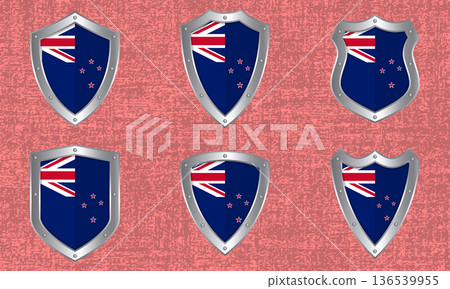 Set of metal shields with the New Zealand flag Set of metal shields with the New Zealand flag 136539955