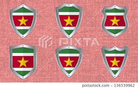 Set of metal shields with the Suriname flag 136539962