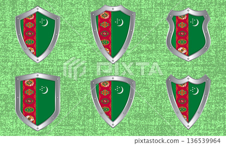 Set of metal shields with the Turkmenistan flag 136539964