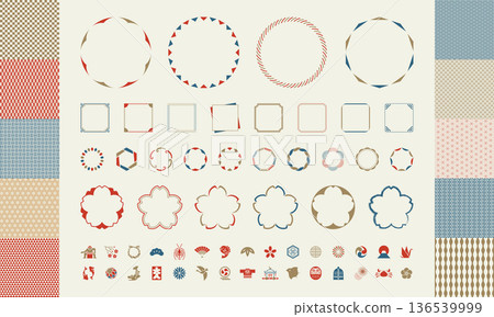 Collection of set materials with modern Japanese frames, icons, and Japanese patterns Collection of set materials with modern Japanese frames, icons, and Japanese patterns 136539999