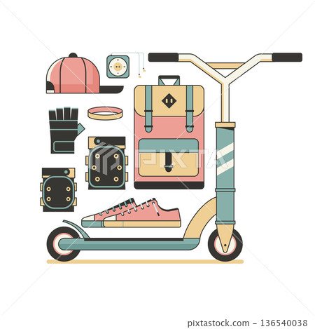 Kick Scooter Riding Elements Line Art Collection 136540038