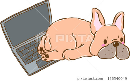 Funny Silly French Bulldog sploot on Laptop, frenchie Dog Cartoon Hand Drawn Funny Silly French Bulldog sploot on Laptop, frenchie Dog Cartoon Hand Drawn 136540049