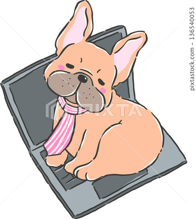 Sleepy French Bulldog with Tie Sitting on top Laptop, frenchie Dog Cartoon Hand Drawn Sleepy French Bulldog with Tie Sitting on top Laptop, frenchie Dog Cartoon Hand Drawn 136540053