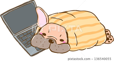 Sleepy French Bulldog in Blanket Burrito on Laptop, frenchie Dog Cartoon Hand Drawn Sleepy French Bulldog in Blanket Burrito on Laptop, frenchie Dog Cartoon Hand Drawn 136540055
