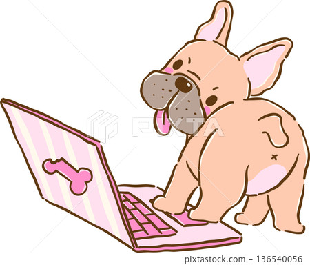 Grumpy Belp French Bulldog Using a pink Laptop, frenchie Dog Cartoon Hand Drawn Grumpy Belp French Bulldog Using a pink Laptop, frenchie Dog Cartoon Hand Drawn 136540056