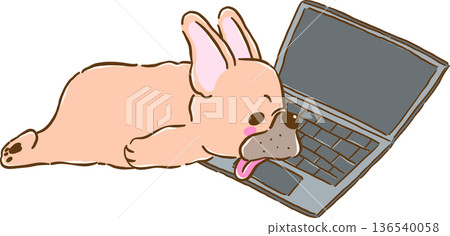 Funny sleepy French Bulldog Lying Down on Laptop, frenchie Dog Cartoon Hand Drawn Funny sleepy French Bulldog Lying Down on Laptop, frenchie Dog Cartoon Hand Drawn 136540058