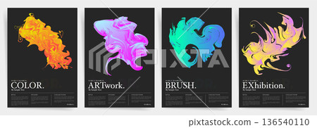 Neon abstract posters with fluid paint shapes on dark background, vibrant gradient brush artwork, modern cover templates vector set 136540110