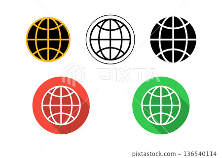 Globe Icon Set Showing World, Internet and Network Symbols in Flat and Outline Styles 136540114