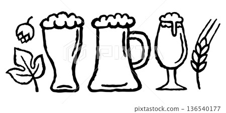 Tall pint glass, classic beer mug, weizen glass with frothy foam, hop cone barley ear or wheat stalk. Ink black hand drawn line illustration on white background 136540177