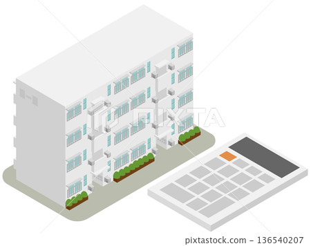 Calculation image of apartment complex sale appraisal and large-scale repair costs Calculator and apartment complex isometric illustration Calculation image of apartment complex sale appraisal and large-scale repair costs Calculator and apartment complex isometric illustration 136540207