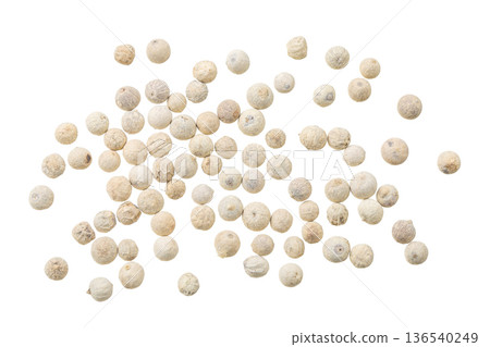 White peppercorns or pepper isolated on white background. Top view. Flat lay White peppercorns or pepper isolated on white background. Top view. Flat lay 136540249
