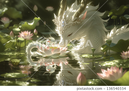 美麗的龍神系列：溫柔高貴的母龍在荷塘中守護著她的孩子 136540334