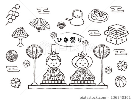 單色線條畫女兒節圖案集 136540361