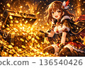 A smiling adventurer girl who found golden treasure. Fantasy RPG style high quality anime illustration. 136540426
