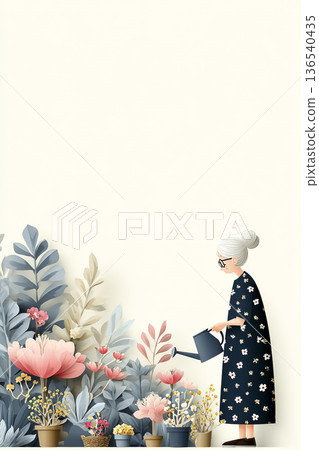 美羽系列：老婦人在花園裡栽培花卉的場景（明亮的豎構圖，留白較多） 136540435