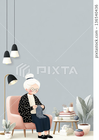 美羽系列：老婦人在客廳裡享受編織的樂趣（溫馨生活插畫） 136540436