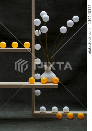 Still life with white vases and white and orange balls on wooden shelves 136540535
