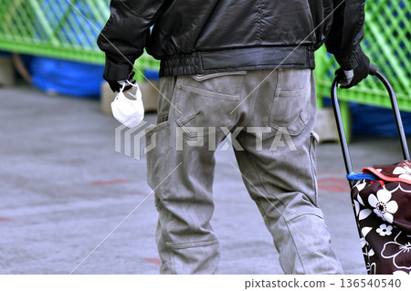 Yokohama cityscape in Japan. An elderly man wearing a mask on his arm in an aging society. Caught between the curses. = Yokohama city (Yokohama Station West Exit) 136540540