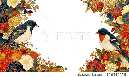 復古風格的花卉裝飾和經典邊框背景，飾以飛鳥圖案。中央留有文字空間。植物主題。 136540656