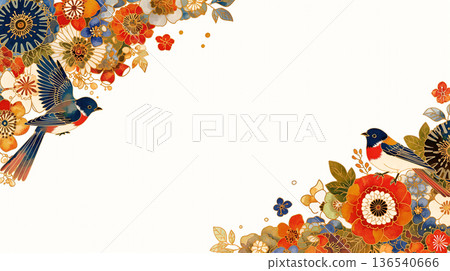 復古風格的花卉裝飾和經典邊框背景,飾以飛鳥圖案。中央留有文字空間。植物主題。 復古風格的花卉裝飾和經典邊框背景,飾以飛鳥圖案。中央留有文字空間。植物主題。 136540666