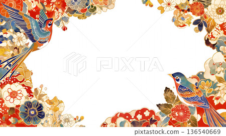 裝飾邊框背景插圖,飾以絢麗的花鳥圖案。高解析度設計素材,中央留白。 裝飾邊框背景插圖,飾以絢麗的花鳥圖案。高解析度設計素材,中央留白。 136540669