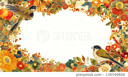 復古風格的邊框背景，飾以優雅的花卉和野生鳥類。裝飾性邊框插圖，帶有中央邊框。植物主題。 136540688