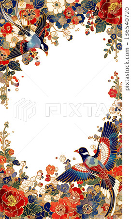 經典邊框背景，飾以精美的植物圖案和鳥類。中央留有文字空間。高品質。 136540720