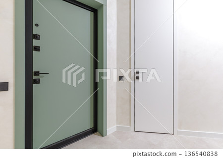 Modern Apartment Entryway with Green Entrance Door and White Interior Door Modern Apartment Entryway with Green Entrance Door and White Interior Door 136540838
