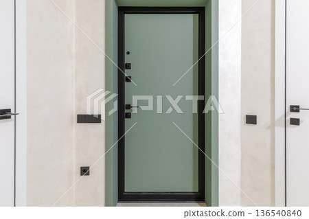 Modern Symmetrical Entryway with Sage Green and White Doors Modern Symmetrical Entryway with Sage Green and White Doors 136540840