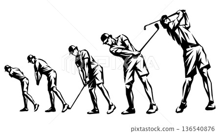 Golf swing: Polygon-like blocky continuous silhouette (vector material) Golf swing: Polygon-like blocky continuous silhouette (vector material) 136540876