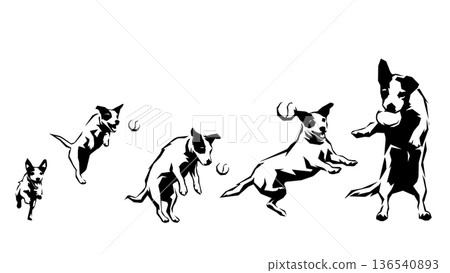 A continuous silhouette of a dog catching a ball. Polygon-like blocky design (vector material) 136540893