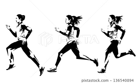 Continuous silhouette of a running runner - polygonal blocky design (vector material) 136540894