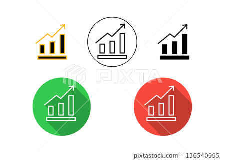 Business Growth Chart Icon Set With Upward Arrow Bars in Flat and Outline Styles 136540995