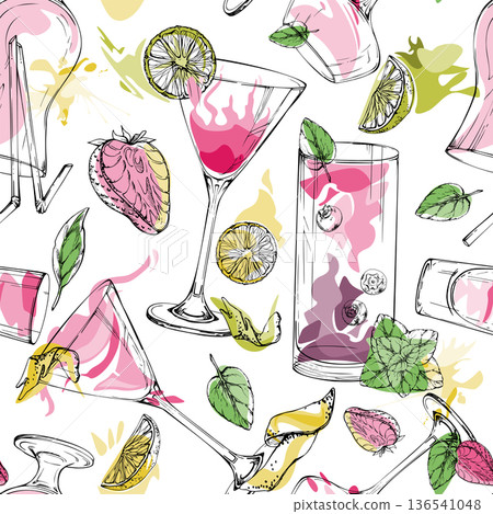 Pink cocktails, juice and lemonade, milkshake with berry, citrus peel and mint accents. Vector seamless pattern hand drawn in ink for textile, packaging, notebooks, background fill, seasonal graphics. Pink cocktails, juice and lemonade, milkshake with berry, citrus peel and mint accents. Vector seamless pattern hand drawn in ink for textile, packaging, notebooks, background fill, seasonal graphics. 136541048