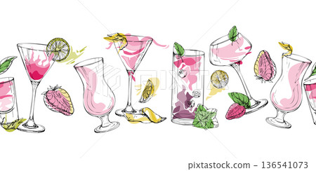 Rosy vector seamless banner of pink cocktails, Fresh juice glasses with berry, lime and mint accents. Ink strip hand drawn for beauty branding, recipe headers, event ribbons, packaging edges and blog. Rosy vector seamless banner of pink cocktails, Fresh juice glasses with berry, lime and mint accents. Ink strip hand drawn for beauty branding, recipe headers, event ribbons, packaging edges and blog. 136541073