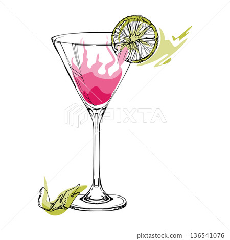Cosmopolitan martini, strawberry daiquiri glass vector, pink red with lime wheel garnish. Hand drawn ink outline. Smooth gradients and clean lines for bar logos, menus, and chic lifestyle graphics. Cosmopolitan martini, strawberry daiquiri glass vector, pink red with lime wheel garnish. Hand drawn ink outline. Smooth gradients and clean lines for bar logos, menus, and chic lifestyle graphics. 136541076