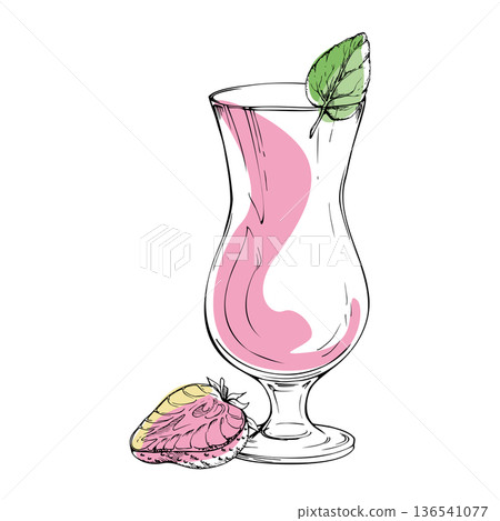 Vector Strawberry Daiquiri cocktail, berry milkshake in hurricane glass with mint leaf garnish. Creamy pink swirl, outline hand drawn in ink. For bar branding, dessert menus, summer festival flyers. Vector Strawberry Daiquiri cocktail, berry milkshake in hurricane glass with mint leaf garnish. Creamy pink swirl, outline hand drawn in ink. For bar branding, dessert menus, summer festival flyers. 136541077