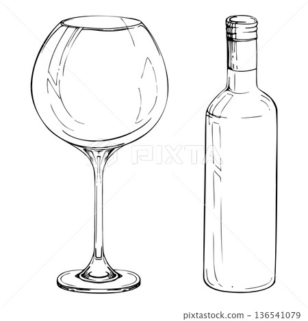 Long neck bottle, tall balloon glass, elegant minimalist serving vessel. Hand-drawn vector illustration in ink for restaurant branding, drink menus, glassware posters, packaging, wine lifestyle design 136541079