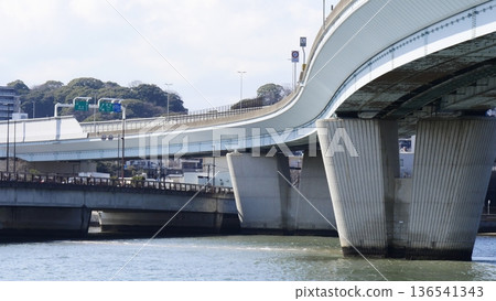 The beautiful curves of the Fukuoka Urban Expressway over the Muromi River The beautiful curves of the Fukuoka Urban Expressway over the Muromi River 136541343