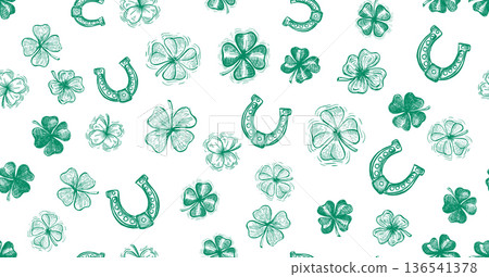 lover and horseshoe pattern on white. Patricks Day. Hand drawn illustrations lover and horseshoe pattern on white. Patricks Day. Hand drawn illustrations 136541378