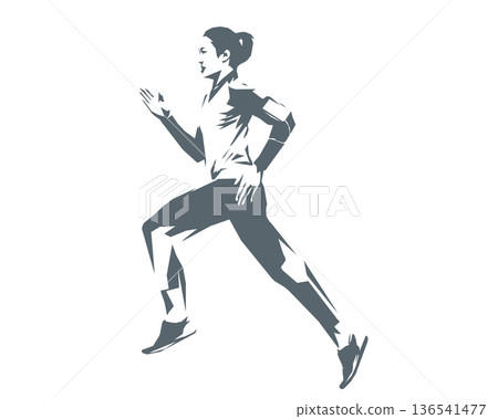 以棱角分明的多邊形風格描繪的奔跑中的女跑者剪影 以棱角分明的多邊形風格描繪的奔跑中的女跑者剪影 136541477