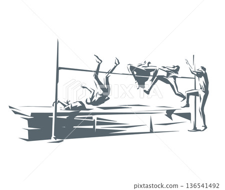 High jump athlete's continuous motion silhouette in angular polygon style 136541492