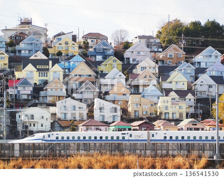 Kanagawa Prefecture: Colorful residential areas and a speeding Shinkansen train, January Kanagawa Prefecture: Colorful residential areas and a speeding Shinkansen train, January 136541530