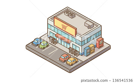 Isometric supermarket and parking lot illustration material | Shopping and commercial facilities Isometric supermarket and parking lot illustration material | Shopping and commercial facilities 136541536